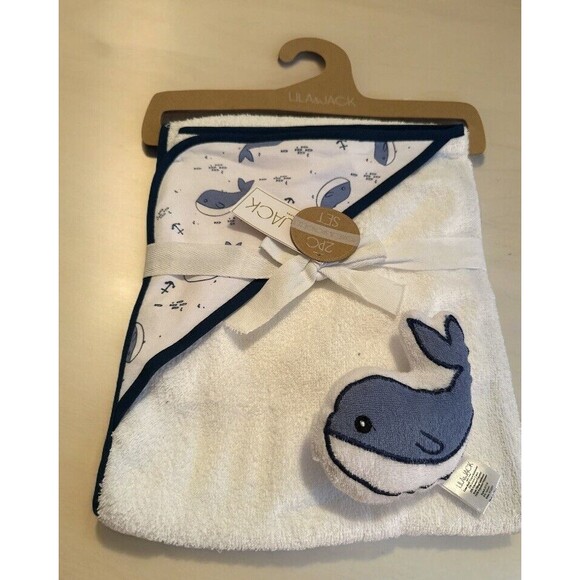 New Lila & Jack 6 pc Blue White Nautical Hooded Towel & Whale Sponge - Picture 1 of 2